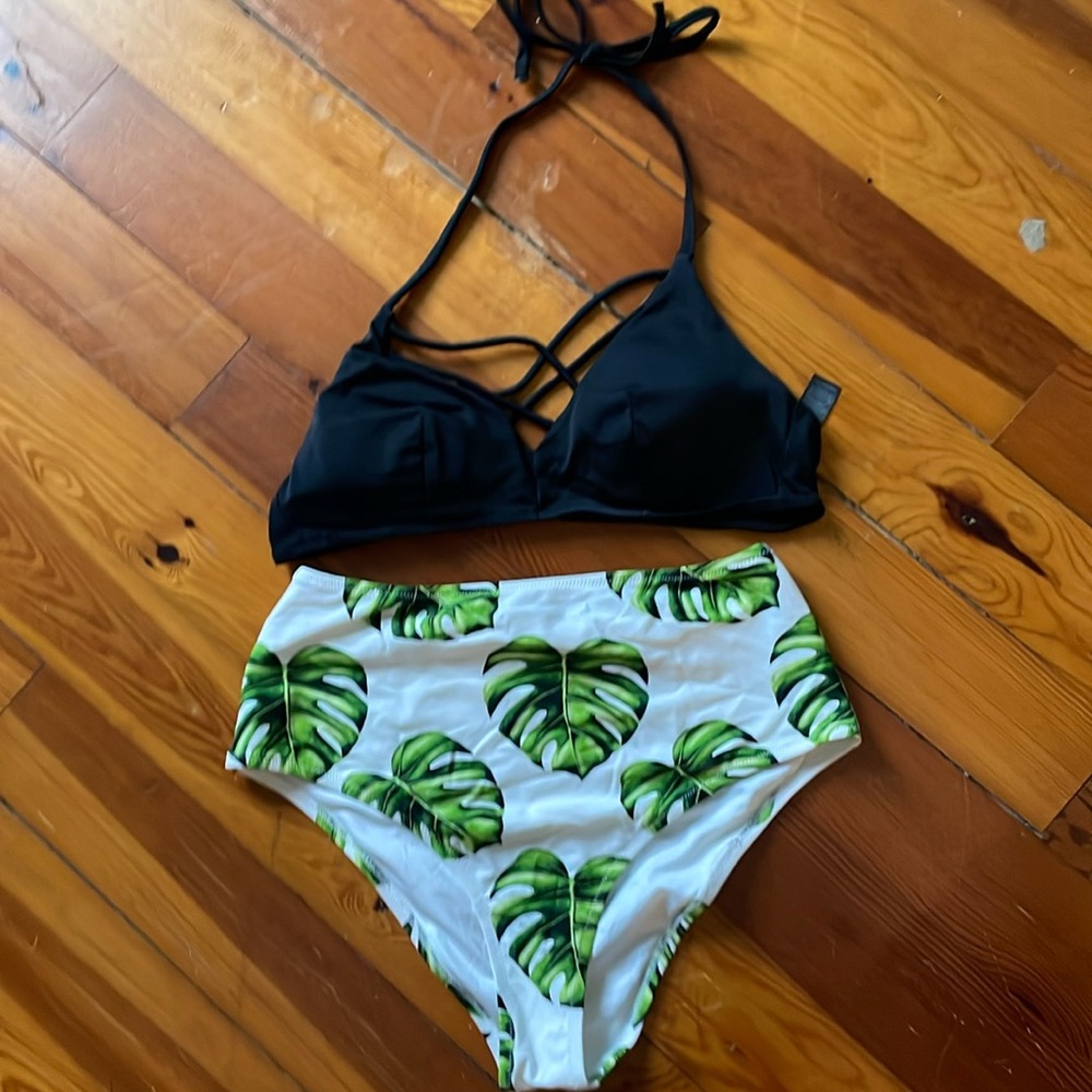 Black Bikini top with Monstera Leaf Bottoms